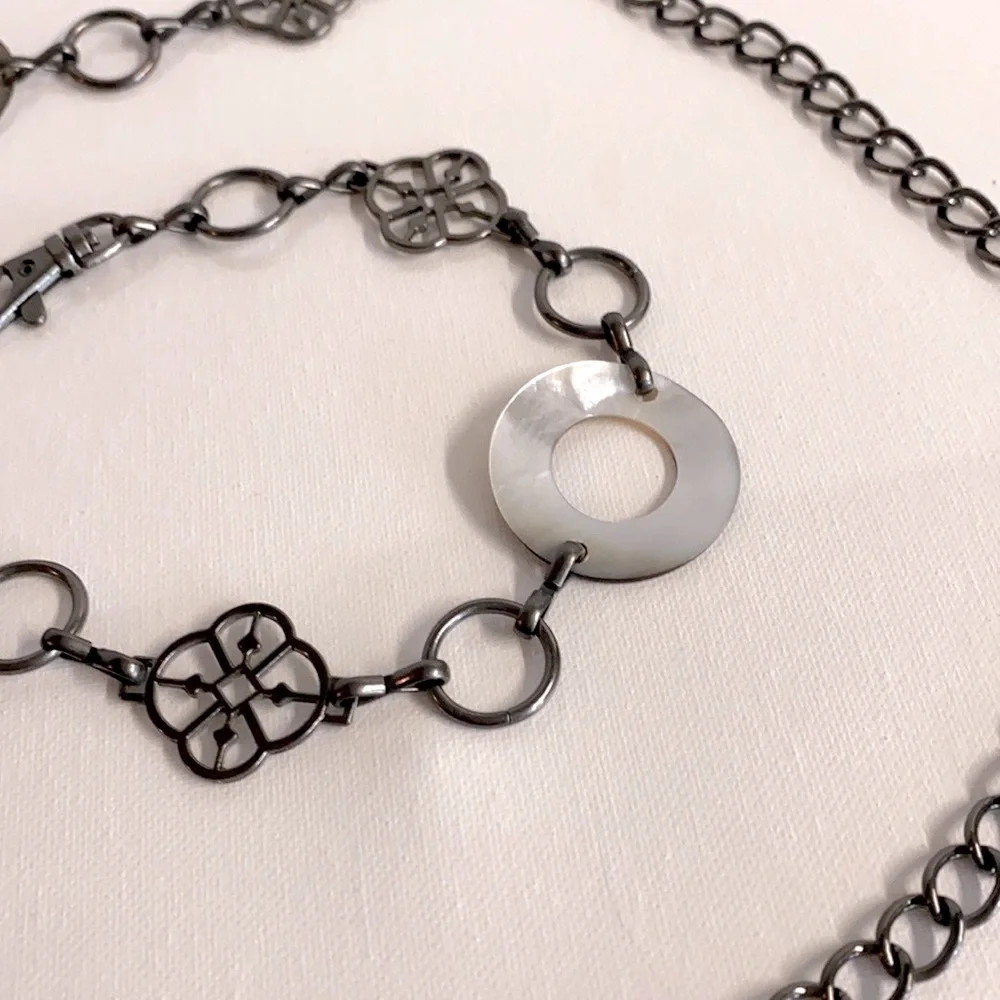 Vintage 80s Silver Hip Hugger Boho Statement chain belt with shell rings.48”